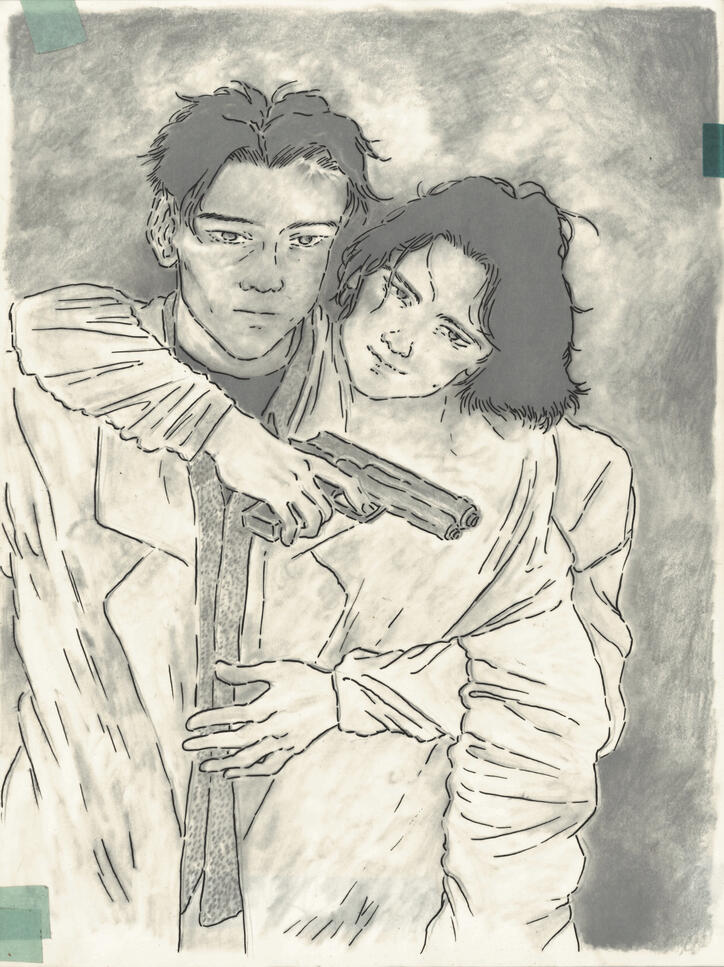 Neon concept art - graphite on paper, with a layer of ink on trace paper on top