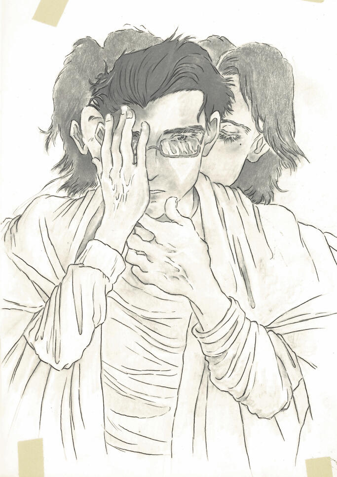 Neon concept art - graphite on paper, with a layer of ink on trace paper on top