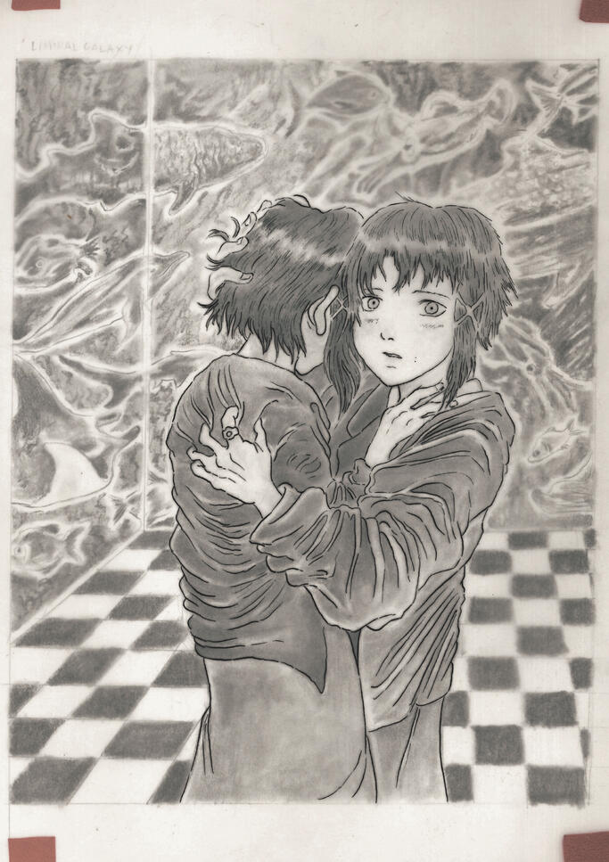 Lain fundraiser commission - graphite on paper, with a layer of ink on trace paper on top