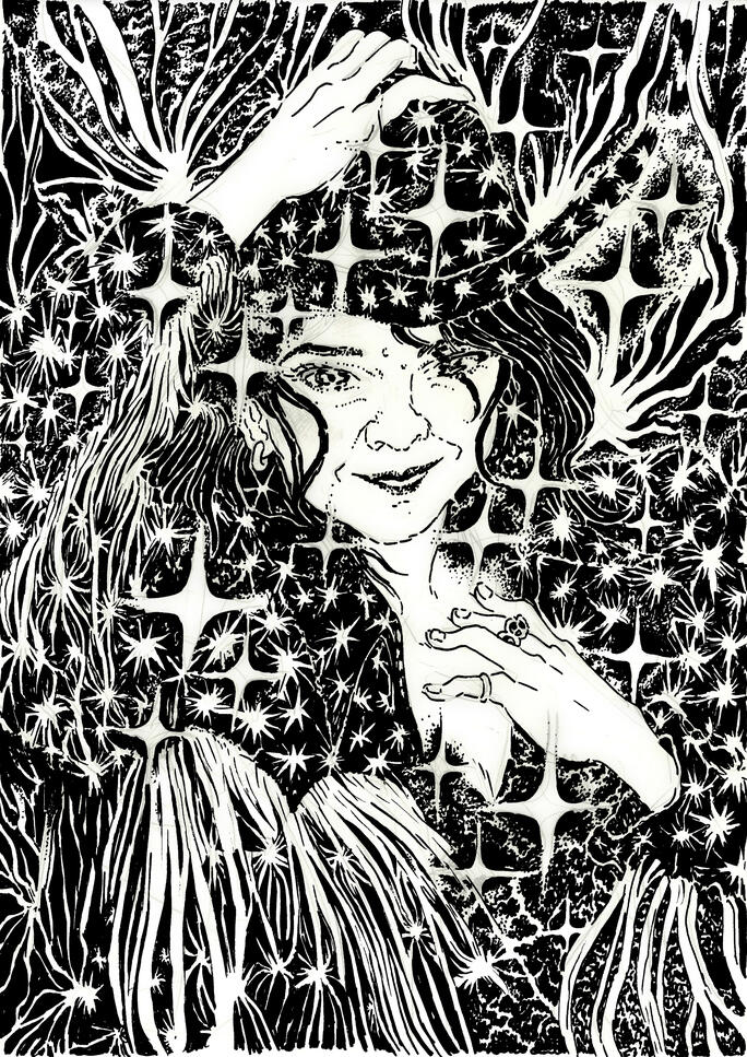 Laura portrait - graphite on paper, with a layer of ink on trace paper on top Laura portrait - graphite on paper, with a layer of ink on trace paper on top